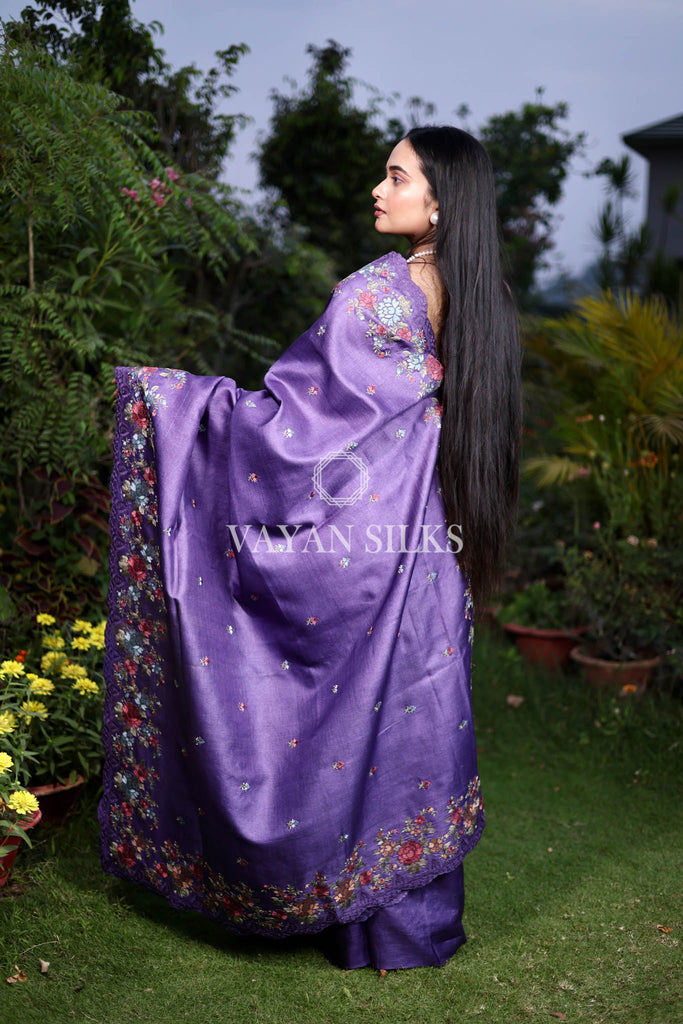 Purple Embroidered Pure Tussar Silk saree