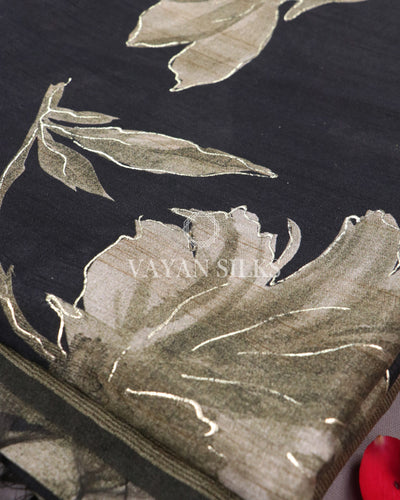 Black Olive Color Printed Semi Tussar Saree