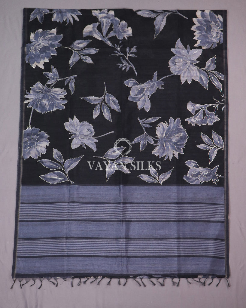 Black Navy Blue Color Printed Semi Tussar Saree