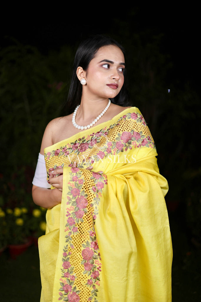 Lemon Yellow Embroidered Pure Tussar Silk Saree