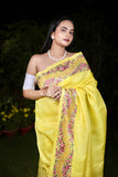 Lemon Yellow Embroidered Pure Tussar Silk Saree