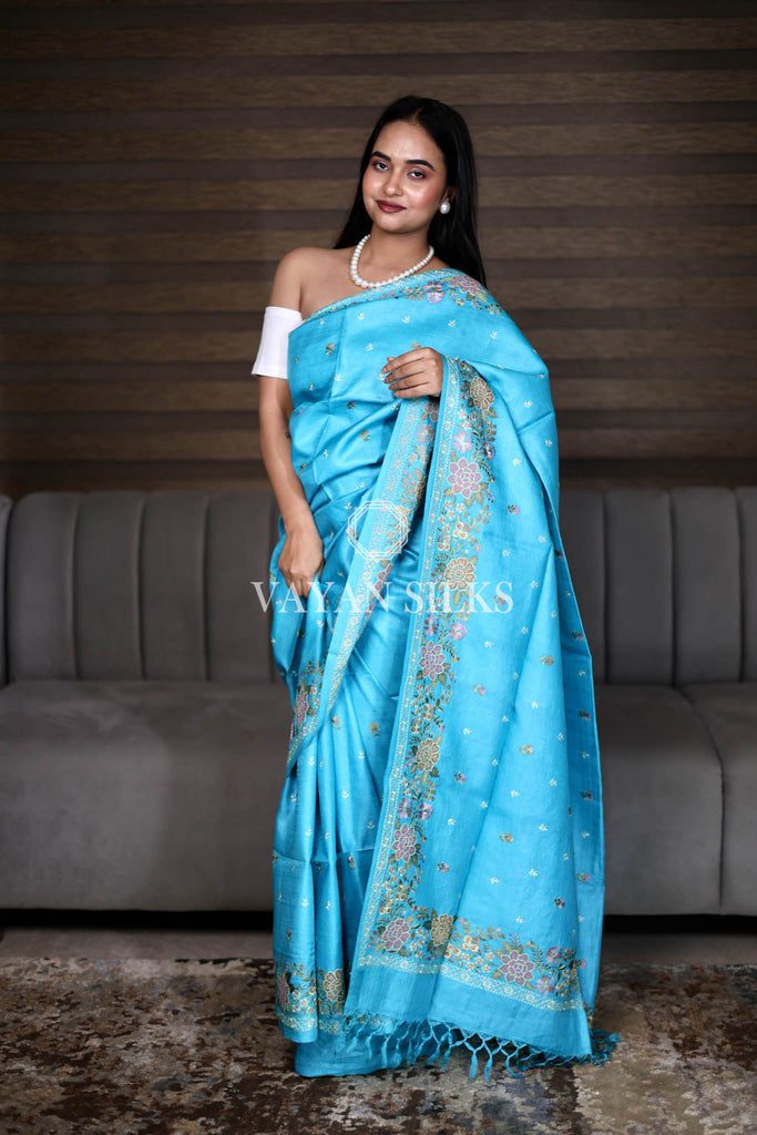 Blue Embroidered Pure Tussar Silk Saree