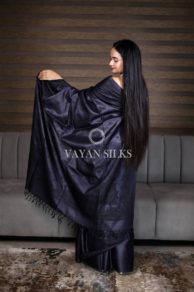 Black Embroidered Pure Tussar Silk Saree