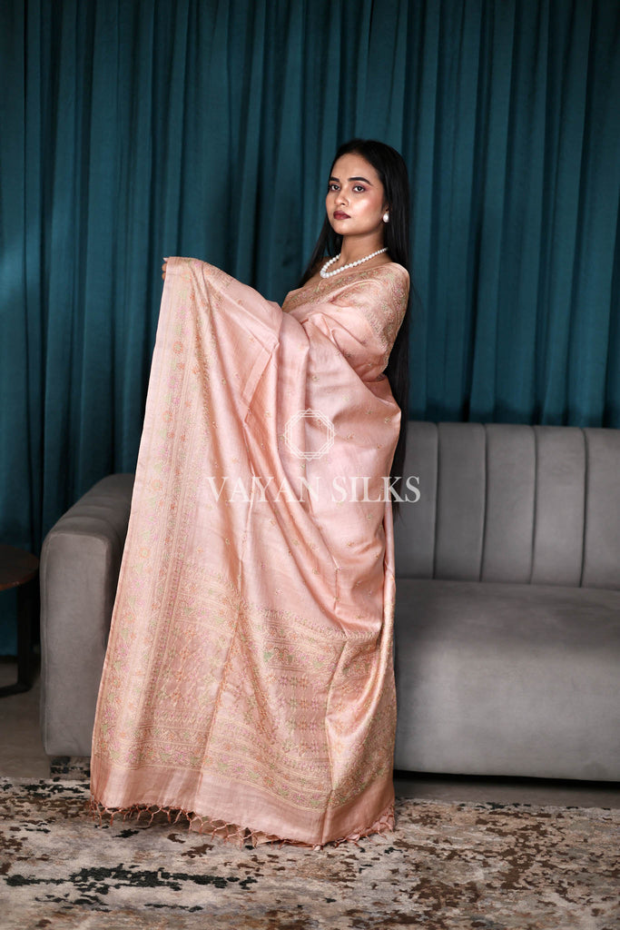 Pastel Pink Embroidered Pure Tussar Silk Saree