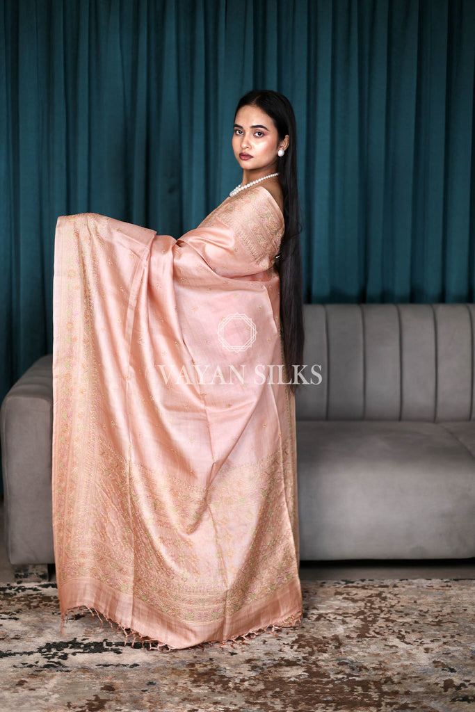 Pastel Pink Embroidered Pure Tussar Silk Saree