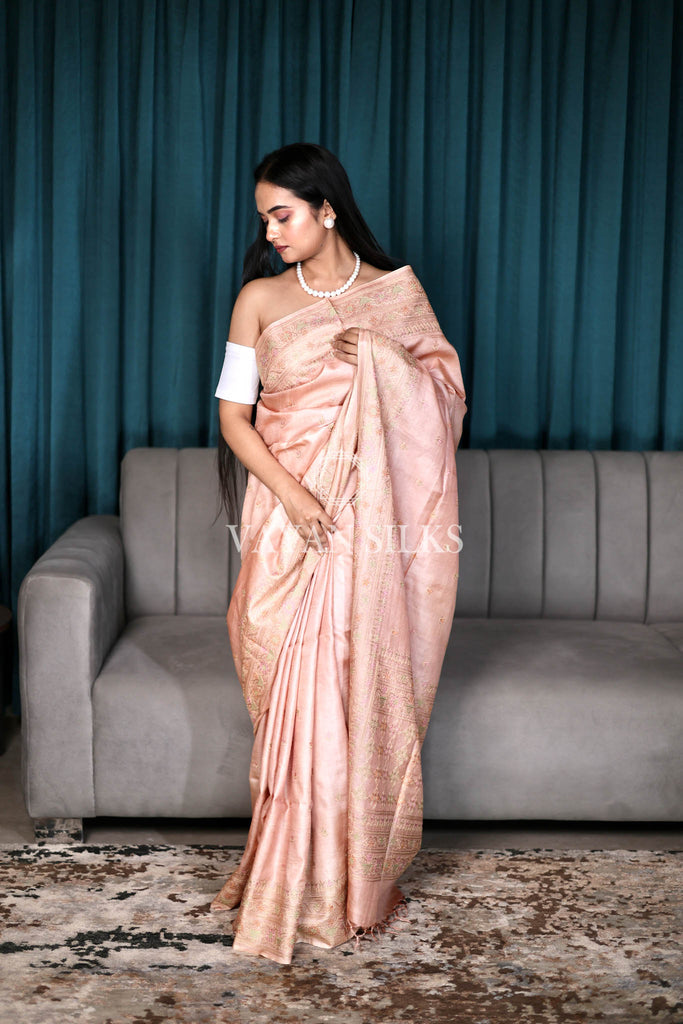 Pastel Pink Embroidered Pure Tussar Silk Saree