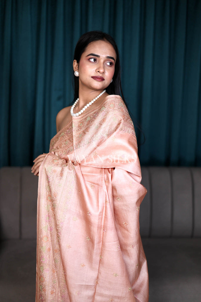 Pastel Pink Embroidered Pure Tussar Silk Saree