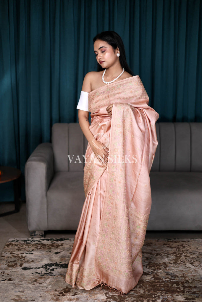 Pastel Pink Embroidered Pure Tussar Silk Saree