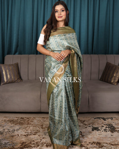 Jade Green Printed Pure Tussar Silk Saree