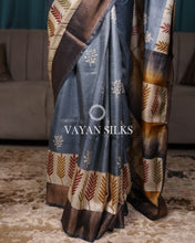 Load image into Gallery viewer, Slate Grey Printed Pure Tussar Silk Saree