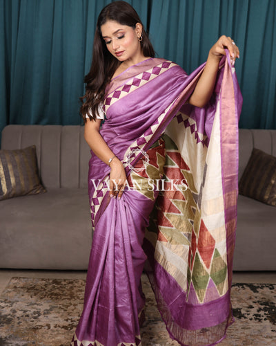 Purple Multicolor Printed Pure Tussar Silk Saree