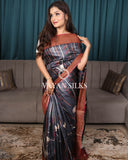 Dark Grey Printed Pure Tussar Silk Saree