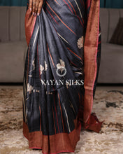 Load image into Gallery viewer, Dark Grey Printed Pure Tussar Silk Saree
