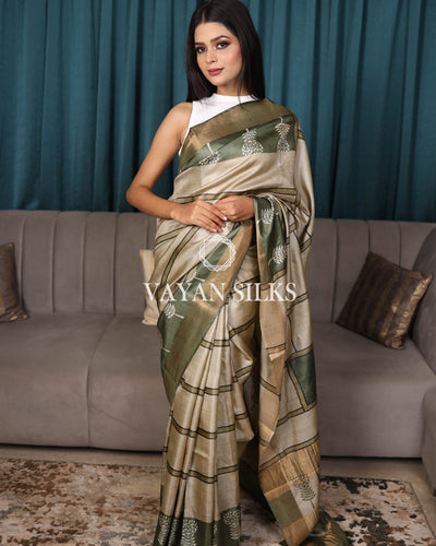 light Olive Green Printed Pure Tussar Silk Saree