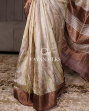 Load image into Gallery viewer, Beige Chocolate Brown Printed Pure Tussar Silk Saree