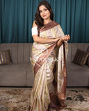 Beige Chocolate Brown Printed Pure Tussar Silk Saree