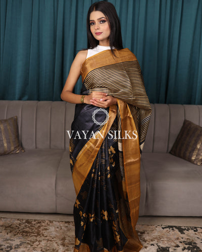 Black Gold Printed Pure Tussar Silk Saree