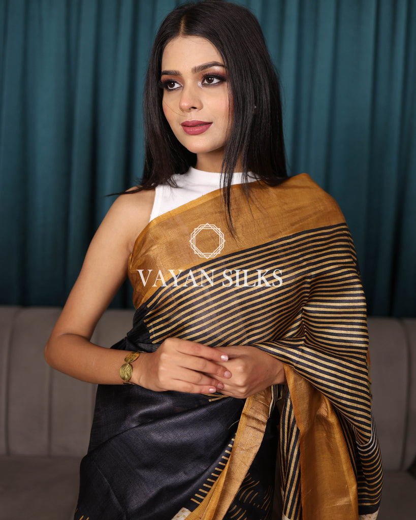 Black Gold Printed Pure Tussar Silk Saree