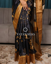 Load image into Gallery viewer, Black Gold Printed Pure Tussar Silk Saree