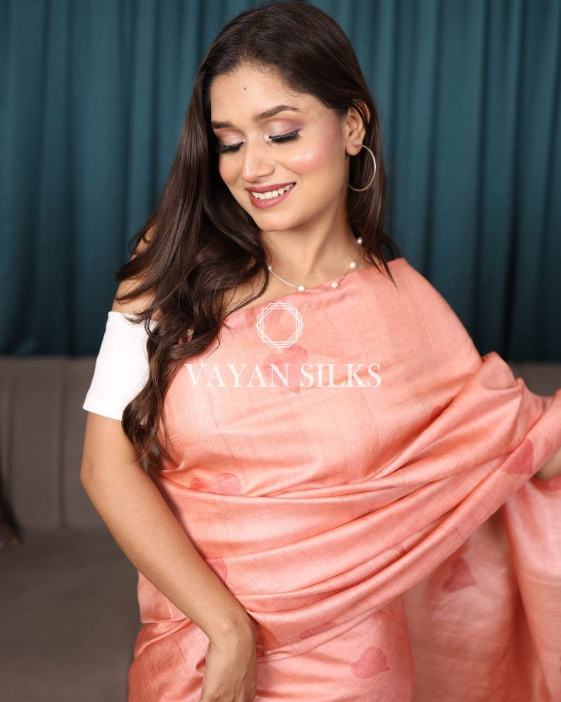 Peach Printed Pure Tussar Silk Saree