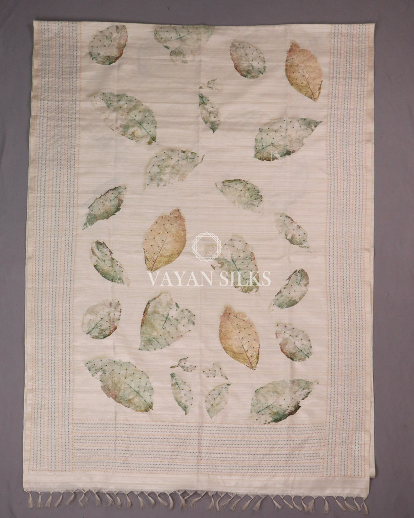 Off-White Green Printed Semi Tussar Saree