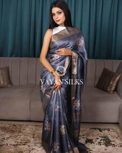 Slate Blue Printed Pure Tussar Silk Saree