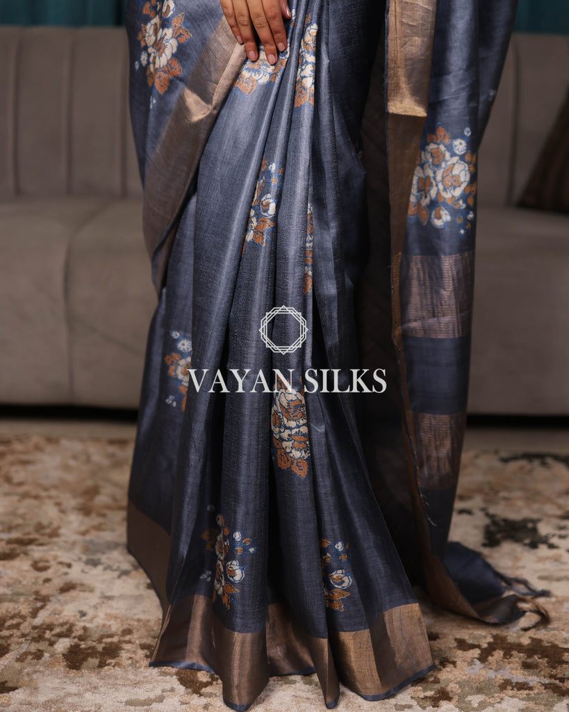Slate Blue Printed Pure Tussar Silk Saree