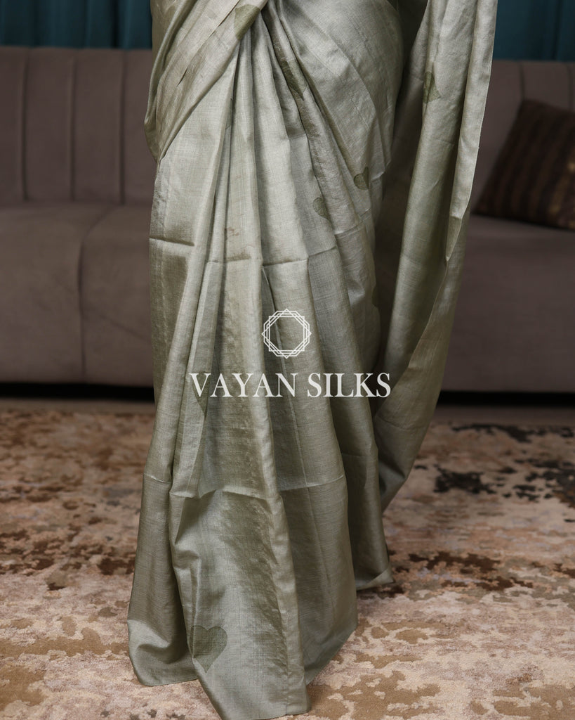 Soft Sage Green  Printed Pure Tussar Silk Saree