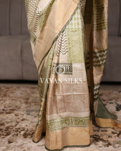 Load image into Gallery viewer, Beige Olive Green Printed Pure Tussar Silk Saree