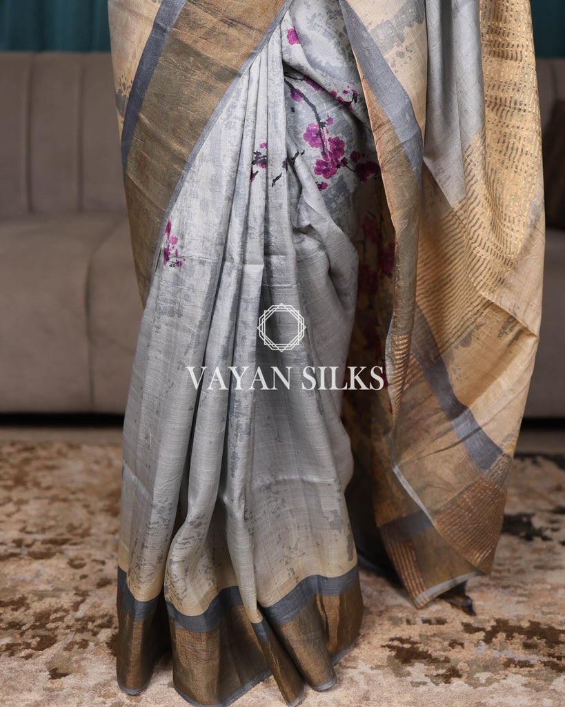 Silver Grey Printed Pure Tussar Silk Saree
