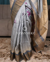 Load image into Gallery viewer, Silver Grey Printed Pure Tussar Silk Saree