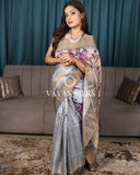Silver Grey Printed Pure Tussar Silk Saree