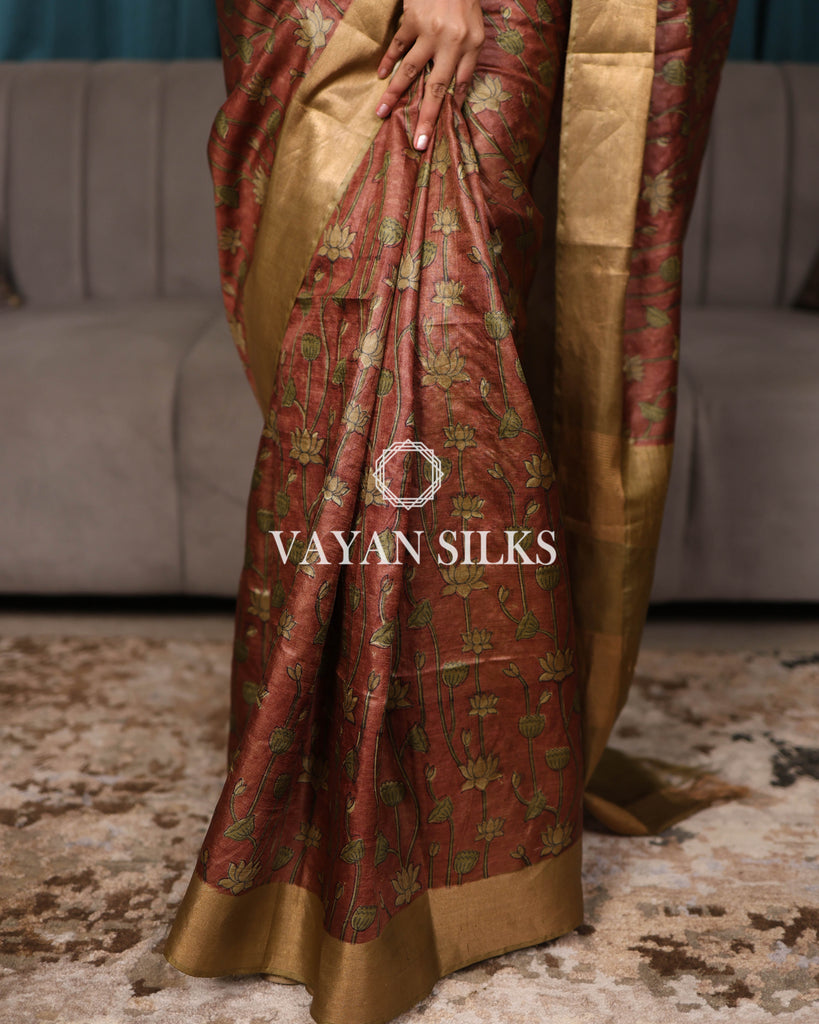 Rust Brown Printed Pure Tussar Silk Saree