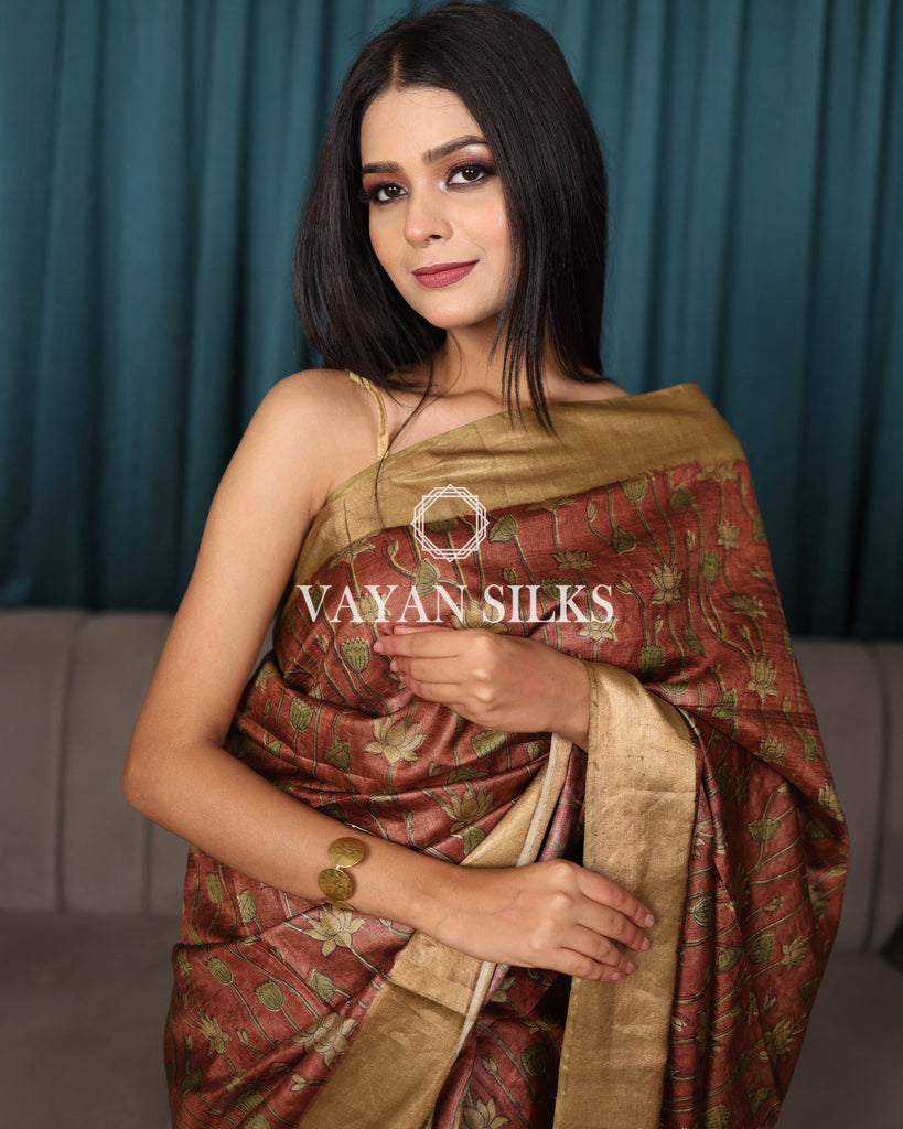Rust Brown Printed Pure Tussar Silk Saree