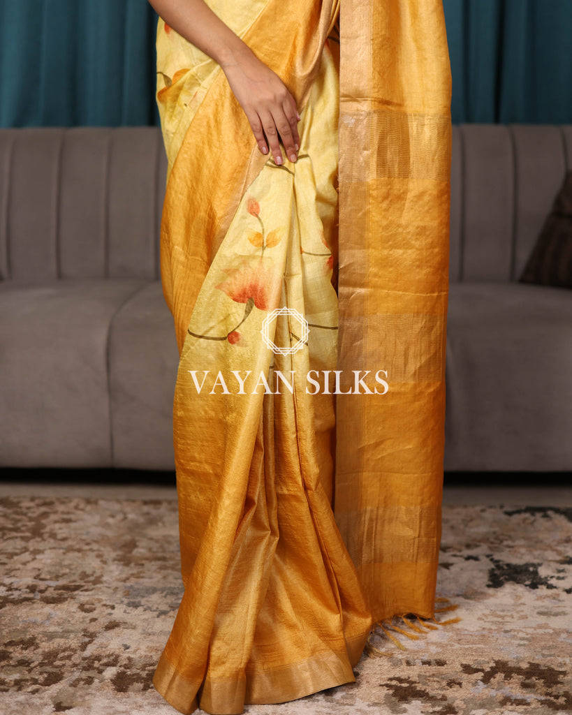 Light Yellow Hand Painted Pure Tussar Silk Saree