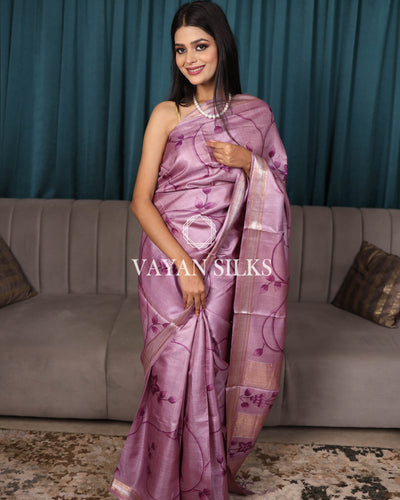 Light Purple Hand Painted Pure Tussar Silk Saree