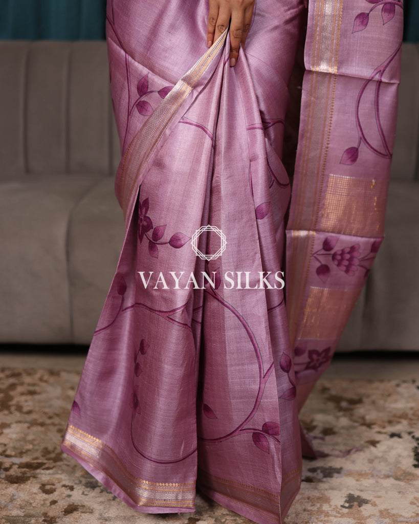 Light Purple Hand Painted Pure Tussar Silk Saree