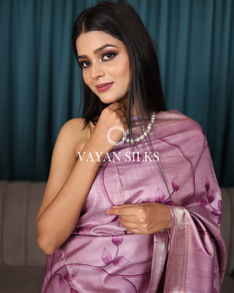 Light Purple Hand Painted Pure Tussar Silk Saree