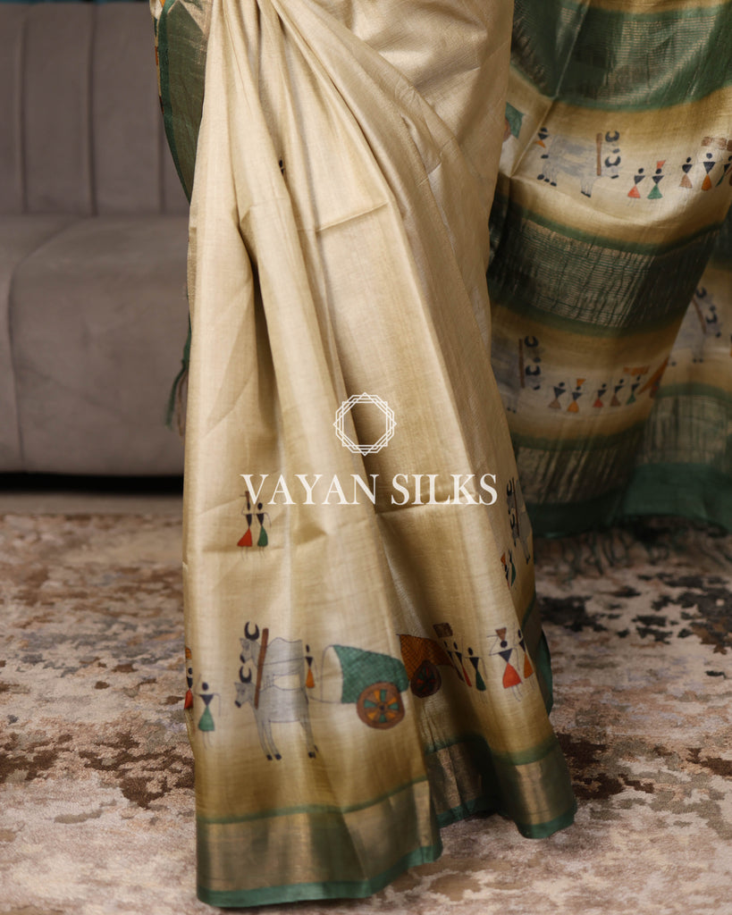 Light Olive Green Hand Painted Pure Tussar Silk Saree