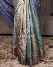Load image into Gallery viewer, Blue Green Printed Pure Tussar Silk Saree