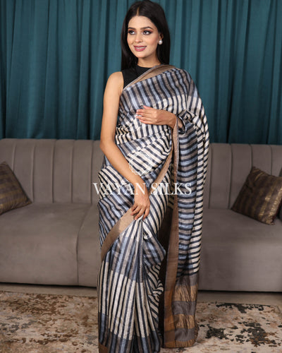 Black Blue Off White Printed Pure Tussar Silk Saree