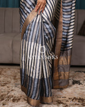 Load image into Gallery viewer, Black Blue Off White Printed Pure Tussar Silk Saree