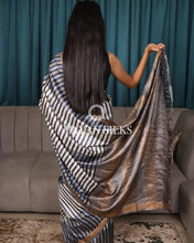 Load image into Gallery viewer, Black Blue Off White Printed Pure Tussar Silk Saree