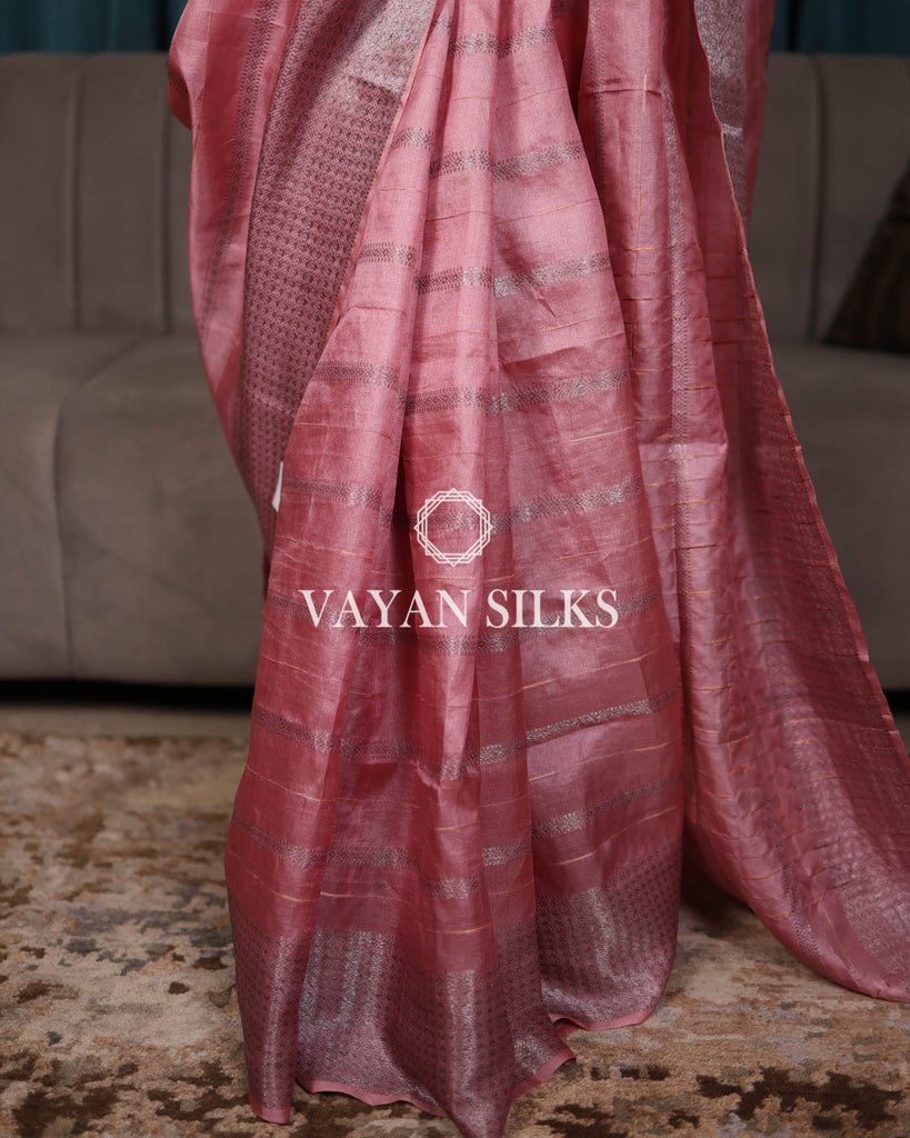 Pastel Pink Woven Pure Tussar Silk Saree