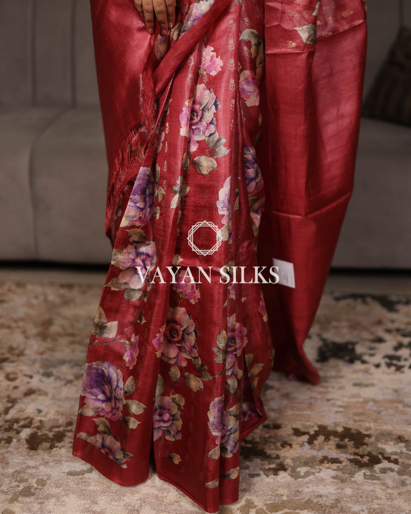 Maroon Woven Pure Tussar Silk Saree