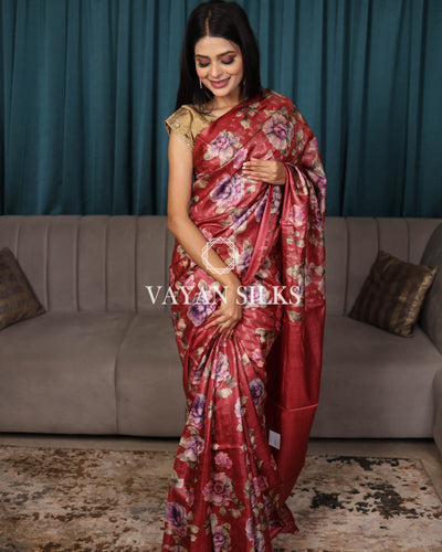 Maroon Woven Pure Tussar Silk Saree