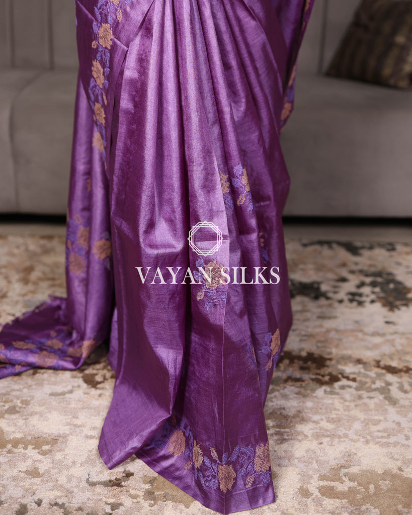 Purple Embroidered Pure Tussar Silk Saree