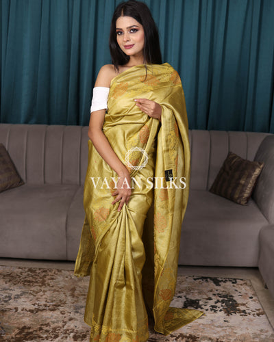 Yellow Green Embroidered Pure Tussar Silk Saree