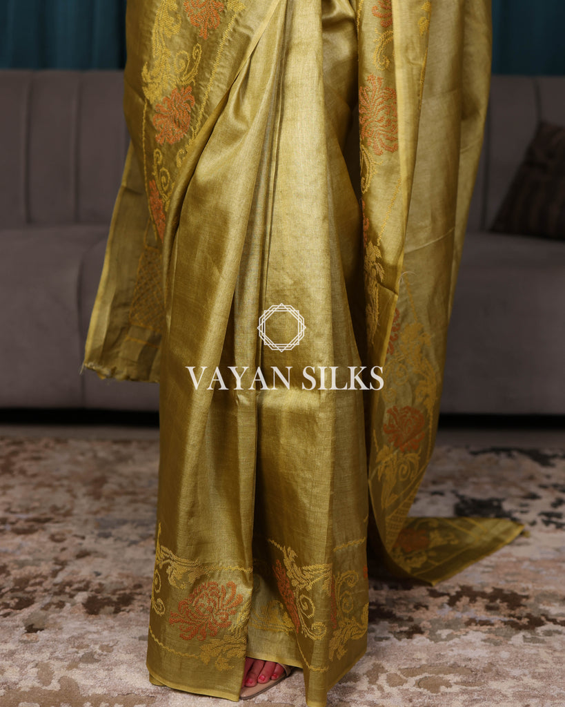 Yellow Green Embroidered Pure Tussar Silk Saree