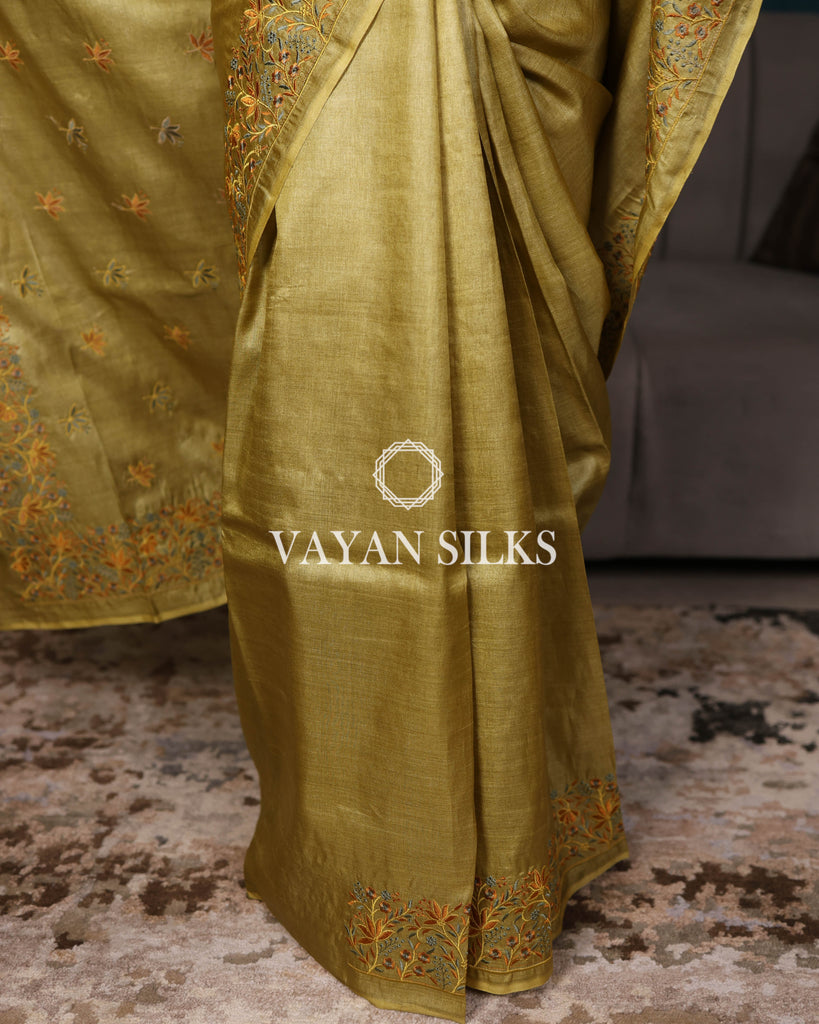 Yellow Green Embroidered Pure Tussar Silk Saree
